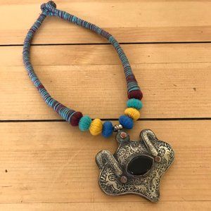 Silver Ethnic Large Pendant with Deer Design & Stone on Wrapped Necklace